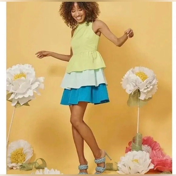 Color Block Bailey Ruffles  Crew Neck Sleeveless Tiered A-Line Dress - Picture 1 of 5